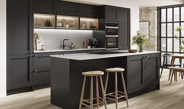 Chilcomb-Charcoal-In-Frame Greenwich-Gloss-Sandstone-in-Handleless-sml