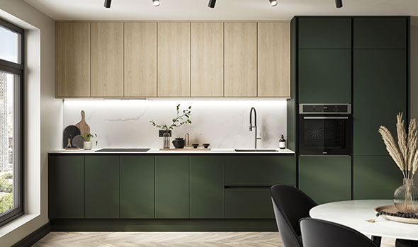 Hockley-Super-Matt-Fir-Green-and-Textures-Oak-Handleless